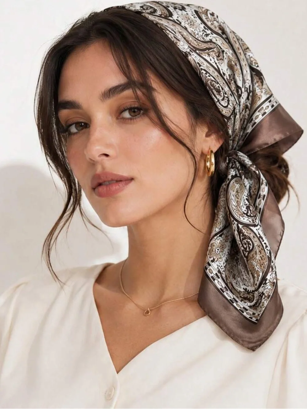 Elegant Paisley Neck Scarf - Taupe & White